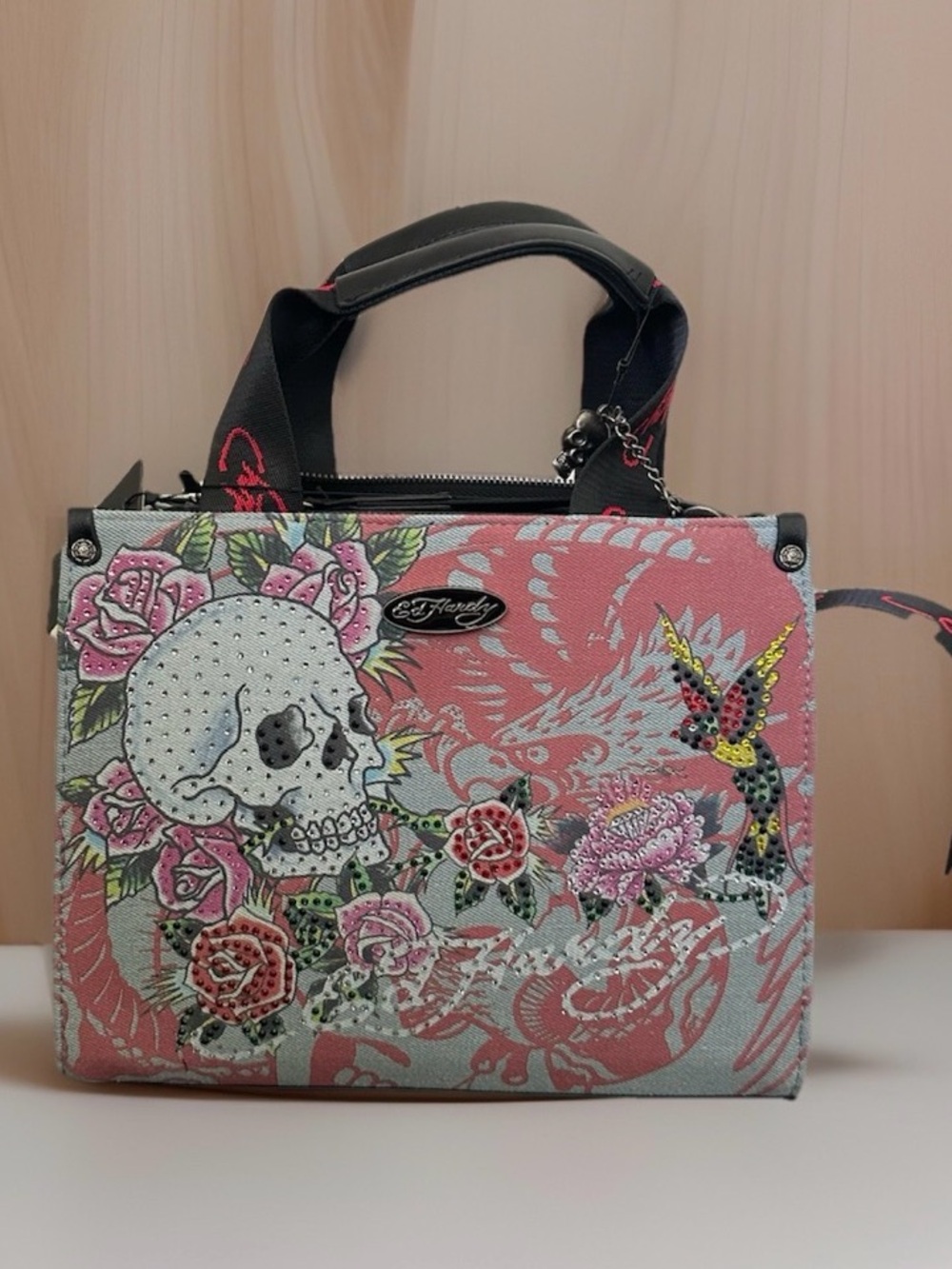 Ed Hardy Skull Rose Tattoo Art Rhinestones Embelished  Y2K Denim Tote NWT
